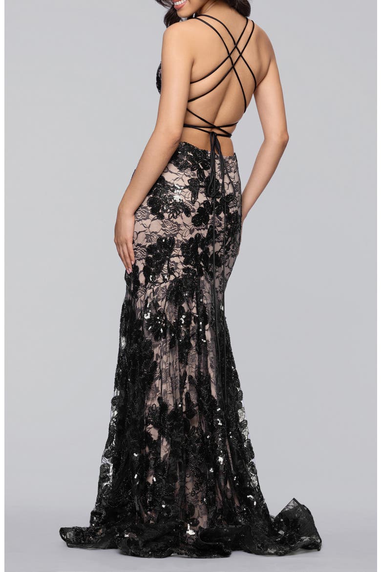 Sequin Strappy Lace Trumpet Gown, Alternate, color, BLACK/ NUDE