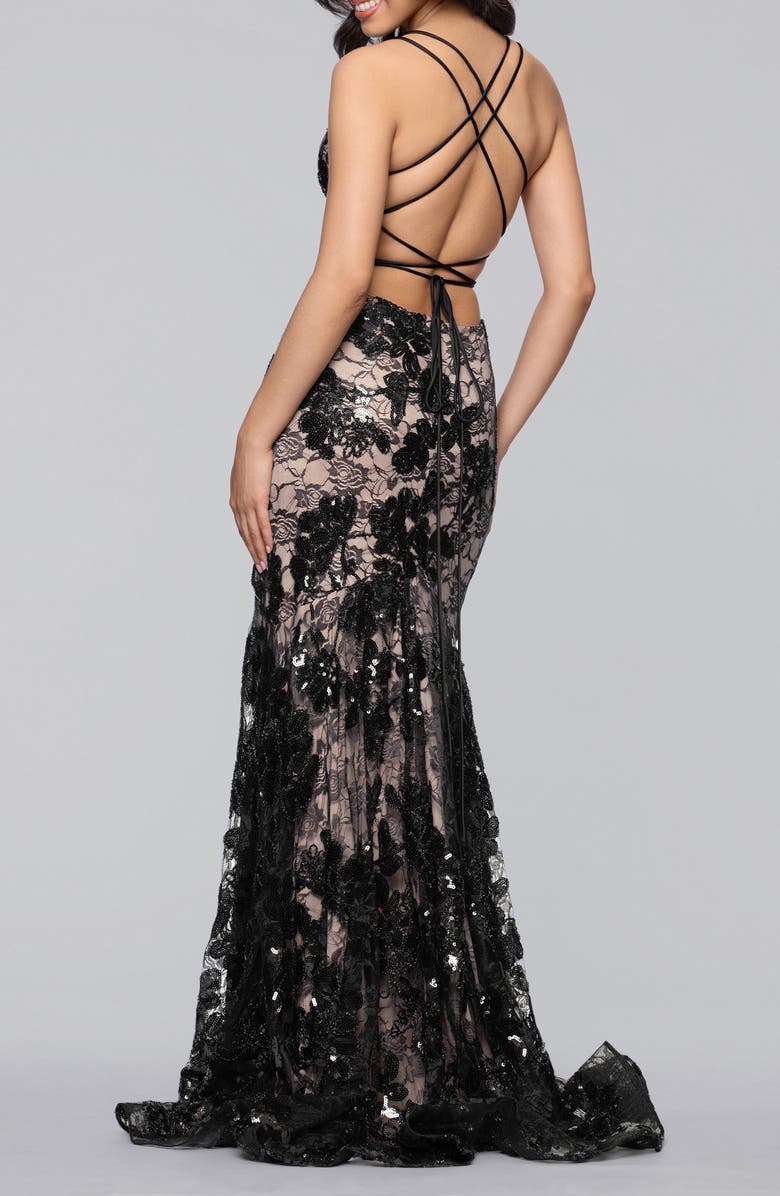 Blondie Nites Sequin Strappy Lace Trumpet Gown, Alternate, color, Black/ Nude