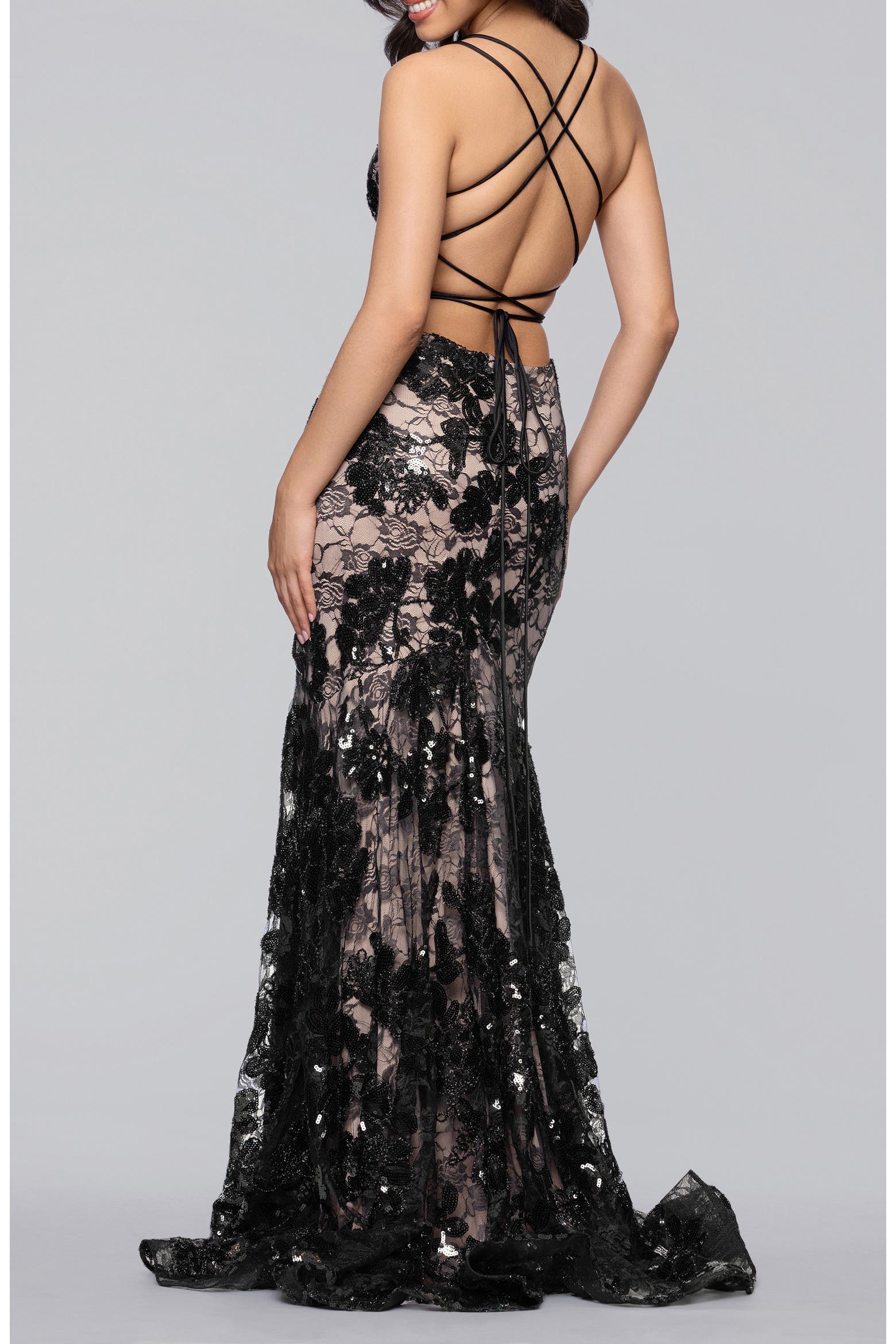 Every Trumpit Note Blondie Nites Sequin Strappy Lace Trumpet Gown (Women) | Nordstrom