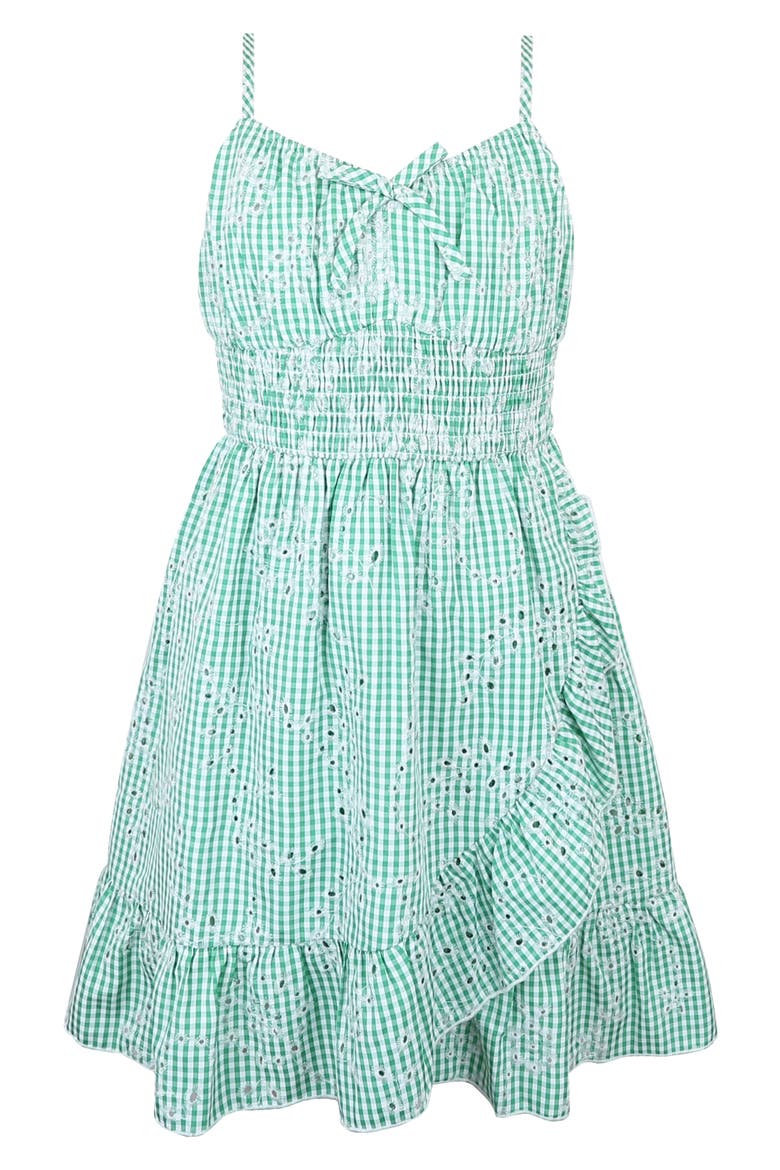Kids' Eyelet Gingham Faux Wrap Dress, Main, color, GREEN/ WHITE