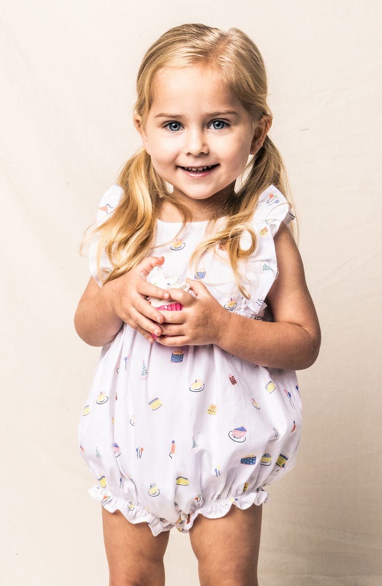 Petite Plume Birthday Print Ruffle Romper, Alternate, color, White