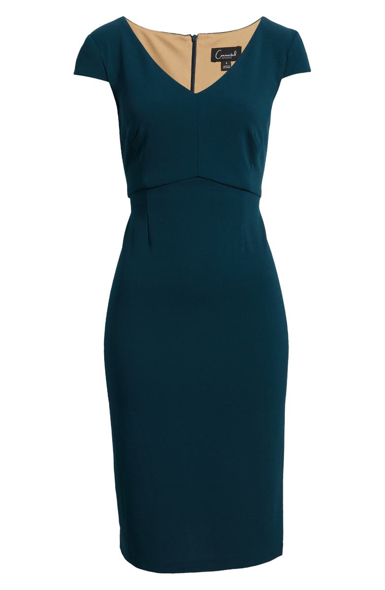 Connected Apparel V-Neck Sheath Dress, Alternate, color, Dark Mallard/Gold