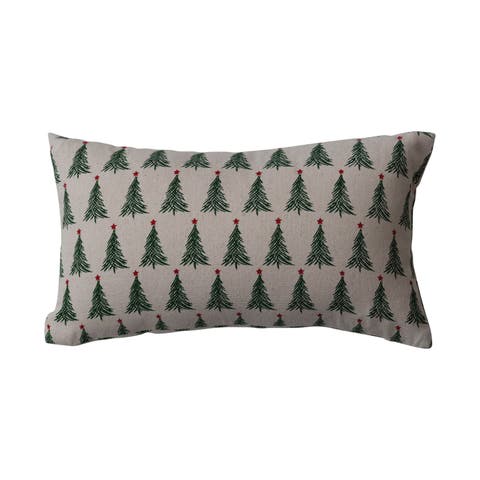 Stonewashed Cotton Printed Lumbar Pillow with Christmas Tree Pattern, Natural, Green and Red