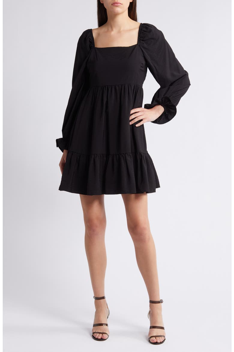 Tiered Bell Cuff Square Neck Dress, Main, color, BLACK