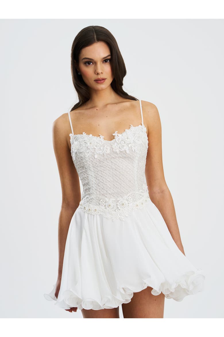 Fabiola Lace Trim Net Top Mini Flare Chiffon Dress, Main, color, Silver