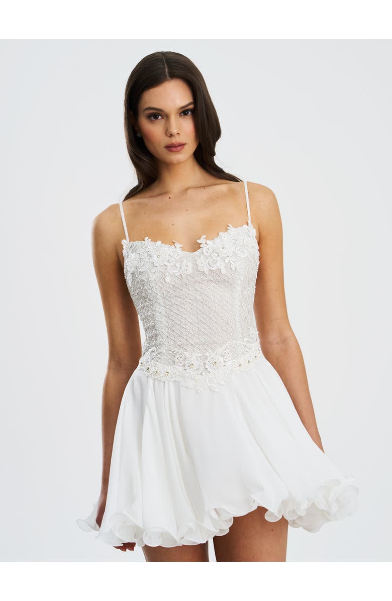 Miss Circle Fabiola Lace Trim Net Top Mini Flare Chiffon Dress, Main, color, Silver