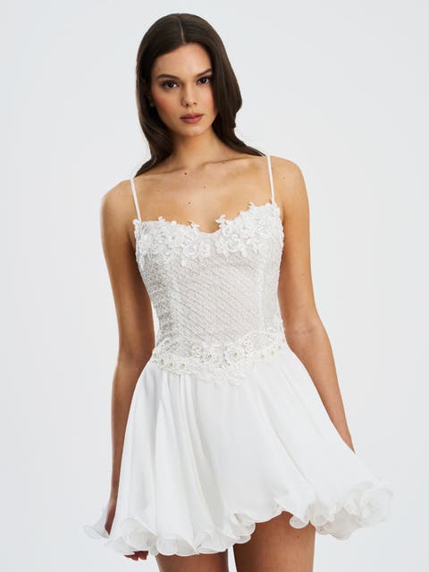 Fabiola Lace Trim Net Top Mini Flare Chiffon Dress