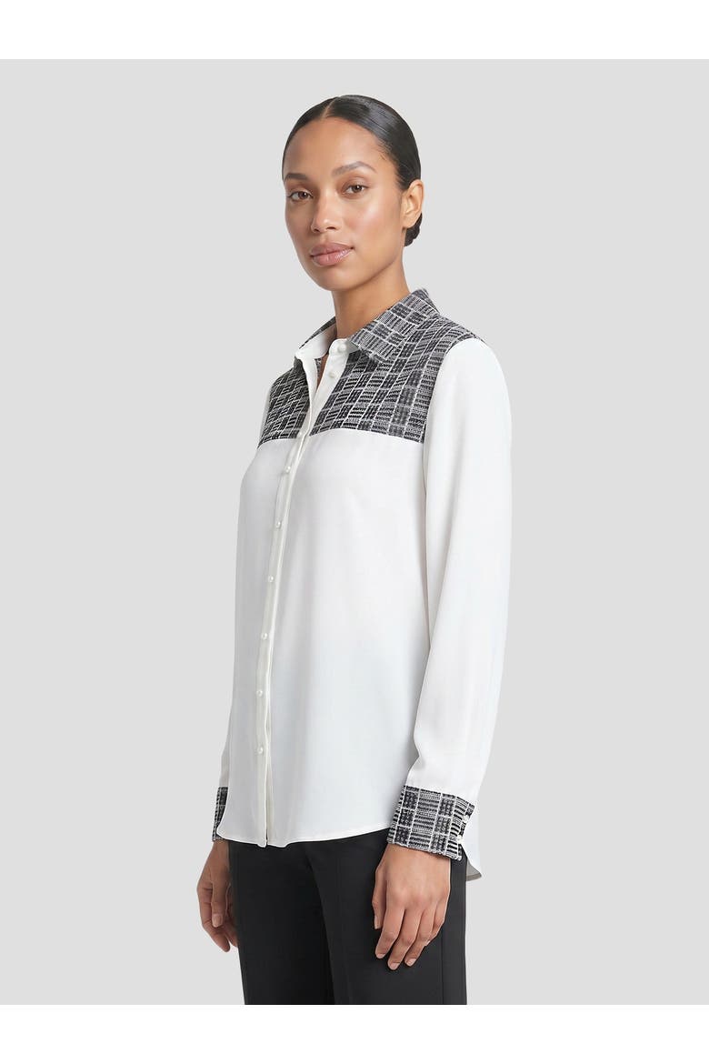 Mixed Media Plaid Crepe de Chine Blouse, Alternate, color, White/Black