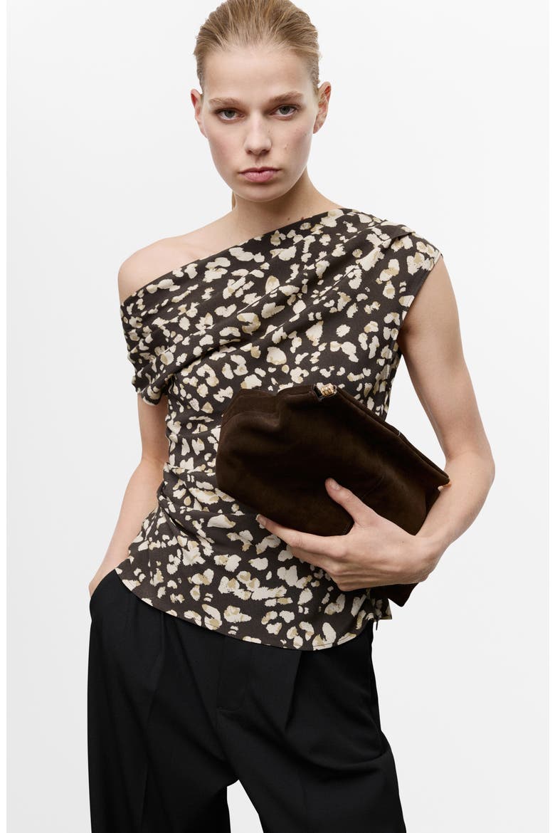 Animal Print Draped Top, Alternate, color, BROWN