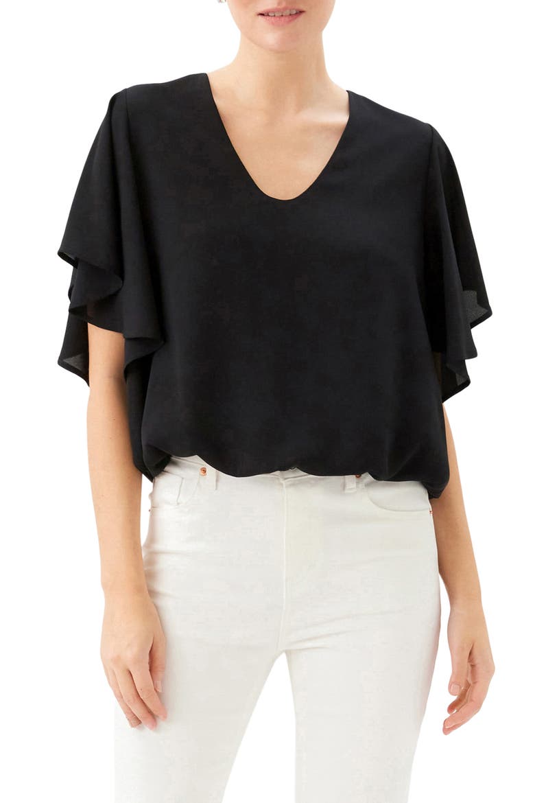 Flutter Sleeve V-Neck Top, Main, color, BLACK