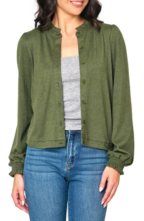 GIBSONLOOK Ruffle Accent Cardigan in Martini Olive 