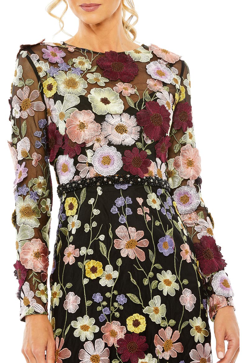 Hand Stitched Floral Embellished High Neck A-Line Dress, Alternate, color, BLACK MULTI