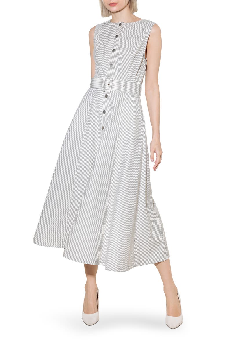 Pinstripe Belted Midi Dress, Main, color, GREY
