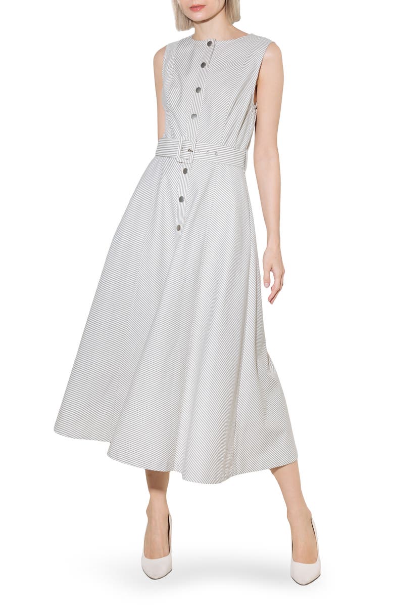 FREEMARKET Pinstripe Belted Midi Dress, Main, color, Grey