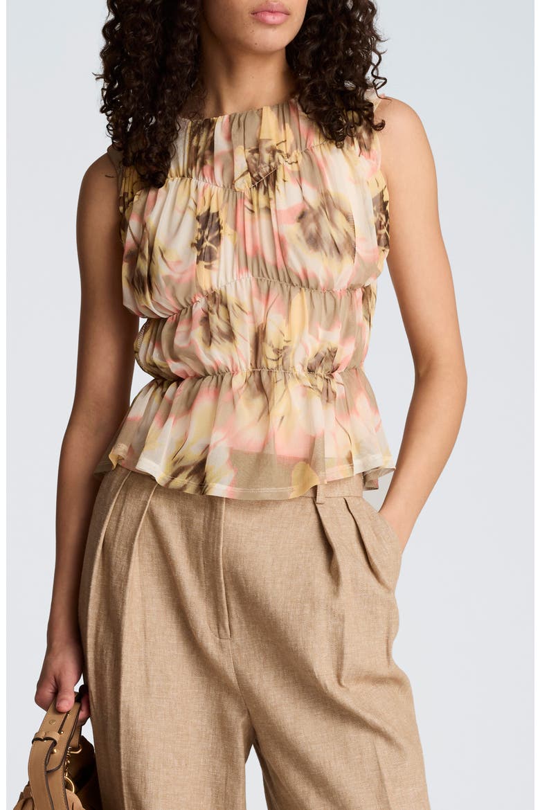 Floral Ruched Front Sleeveless top, Main, color, PASTEL YELLOW MULTI