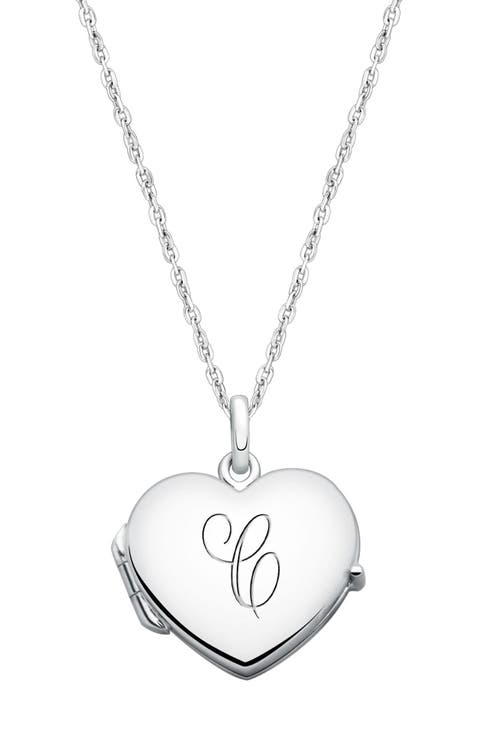 Sterling Silver Heart Locket & Engraved Initial 14-16" Necklace