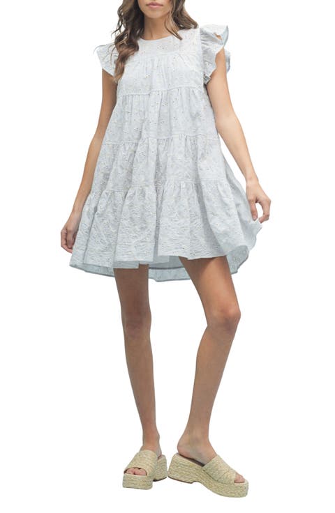 Embroidered Eyelet Ruffle Cap Sleeve Babydoll Minidress