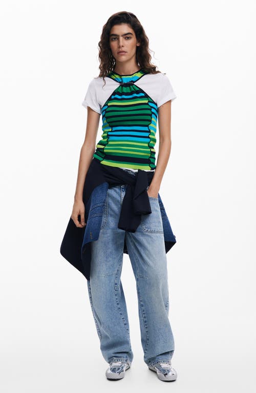 Desigual Striped T-shirt With Trim In Bluish Green