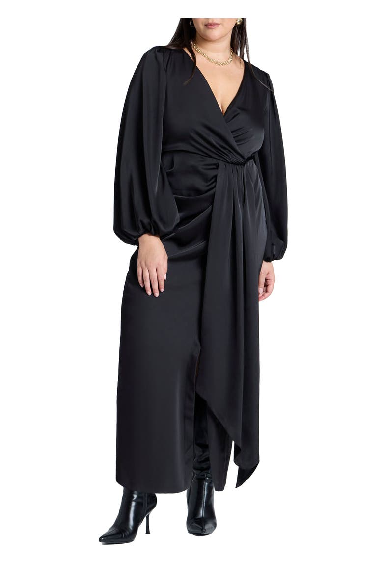 ELOQUII Pleated Satin Puff-Sleeve Maxi Dress, Main, color, Black Onyx