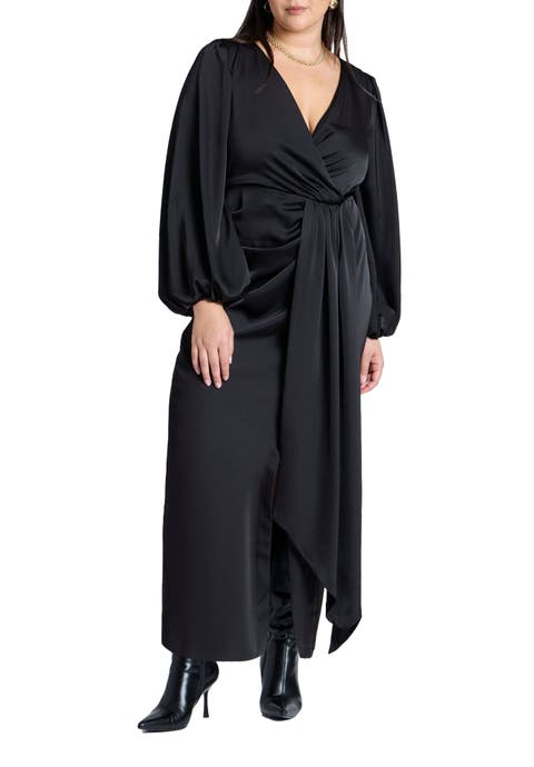 Pleated Satin Puff-Sleeve Maxi Dress (Plus)