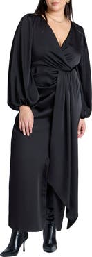 ELOQUII Pleated Satin Puff-Sleeve Maxi Dress