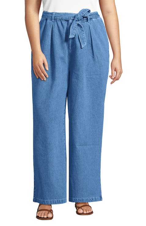 Plus Size High Ridge Twill Pull On Pleated Wide Leg Pants