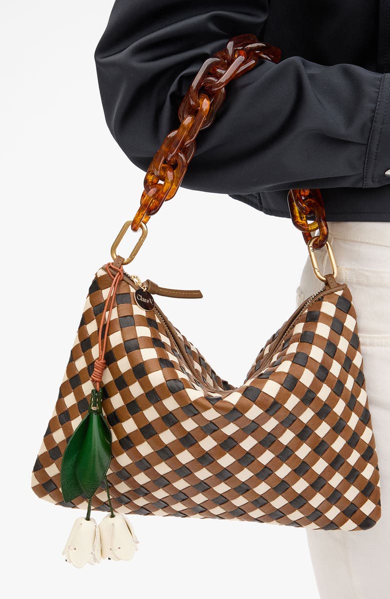 Clare V. Le Fleur Leather Bag Charm, Alternate, color, Evergreen/ Cream