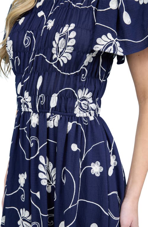 August Sky Embroidered Smocked Short Sleeve Maxi Dress In Navy
