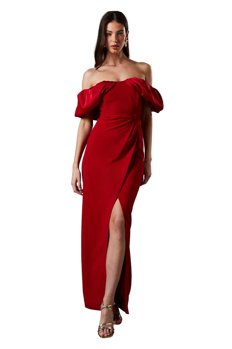 Volume Sleeve Corset Column Maxi Dress, Main, color, Red