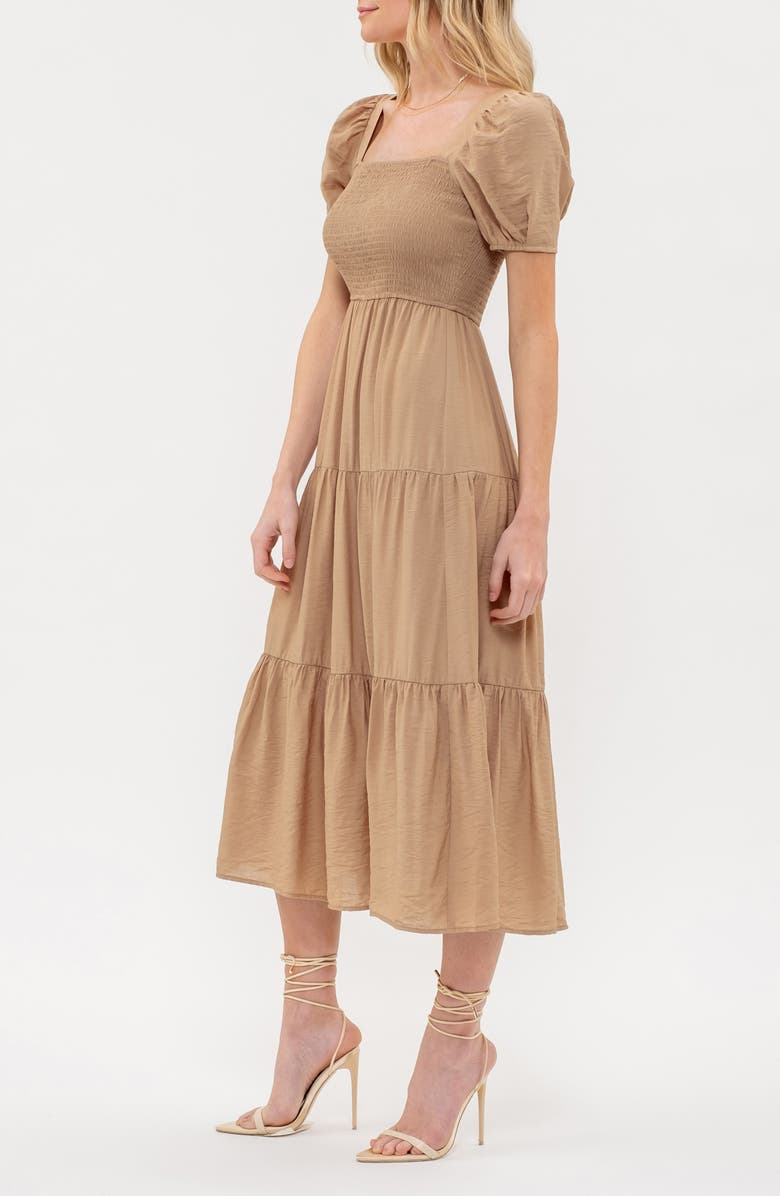 AUGUST SKY Puff Sleeve Tiered Midi Dress, Alternate, color, Khaki