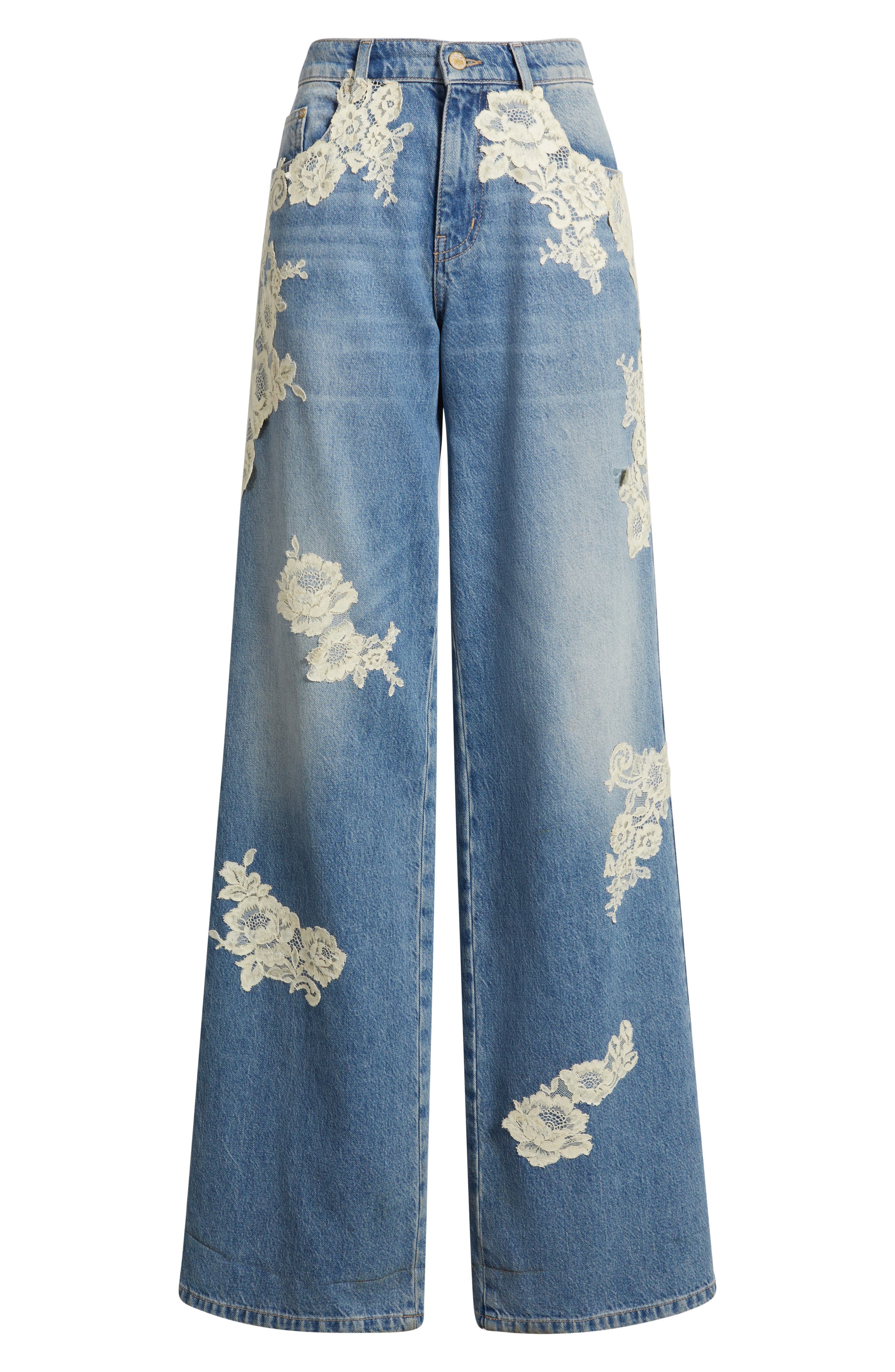 Loveshackfancy Bambie Lace Wide Leg Jeans In Blue