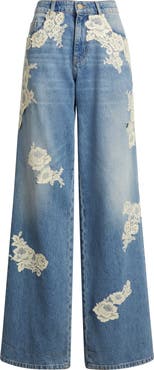 LoveShackFancy Bambie Lace Wide Leg Jeans