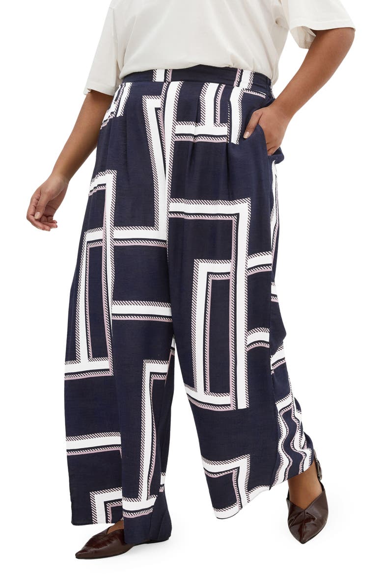 Hallie Print Pull-On Wide Leg Pants, Main, color, SLEEK STRIPES NAVY
