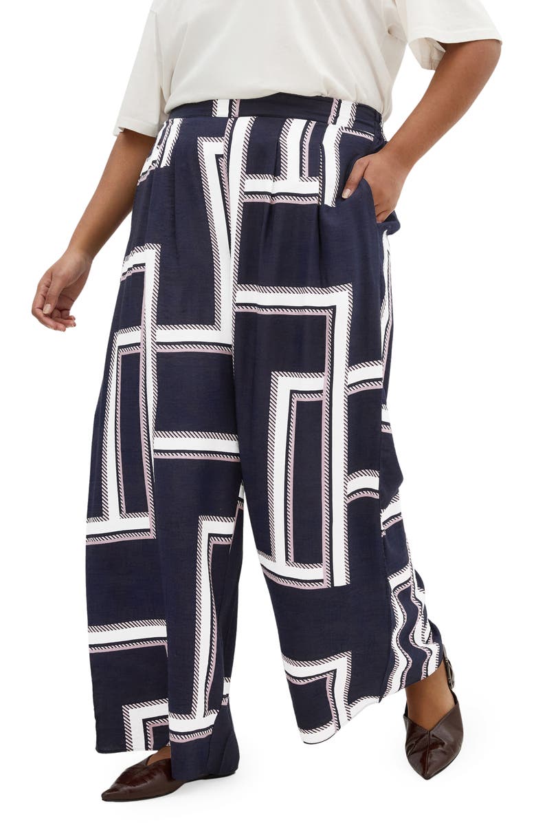 City Chic Hallie Print Pull-On Wide Leg Pants, Main, color, Sleek Stripes Navy