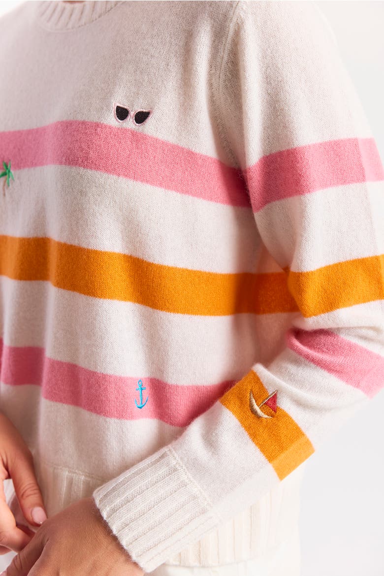 Beach Embroidery 100% Cashmere Sweater, Alternate, color, Pink & Orange Stripes
