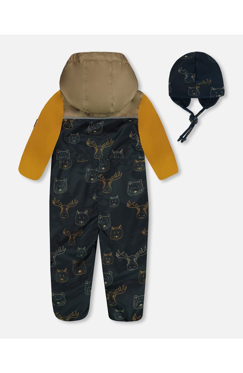 Deux par Deux Baby Boy's Baby Printed Mid-Season One-Piece Outerwear With Hat Beige Animals On Black Background, Alternate, color, 