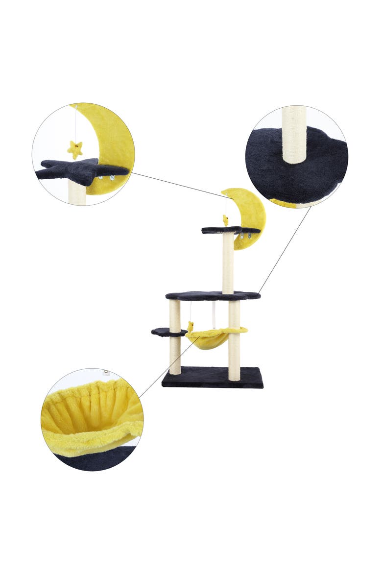 Aurora 3-Tier Modern Sisal Moon And Stars Cat Tree with Scratching Posts, Basket, and Fuzzy Bell Toys, Alternate, color, Navy/Yellow/White