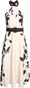 Reiss Libby Floral Jacquard Halter Neck Midi Dress