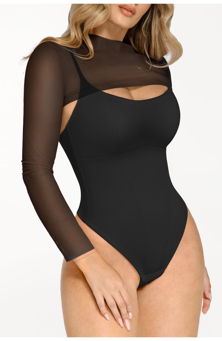 Popilush Sheer Shapewear Mesh Cutout Corset Bodysuit 2-Piece Set, Alternate, color, Jet Black