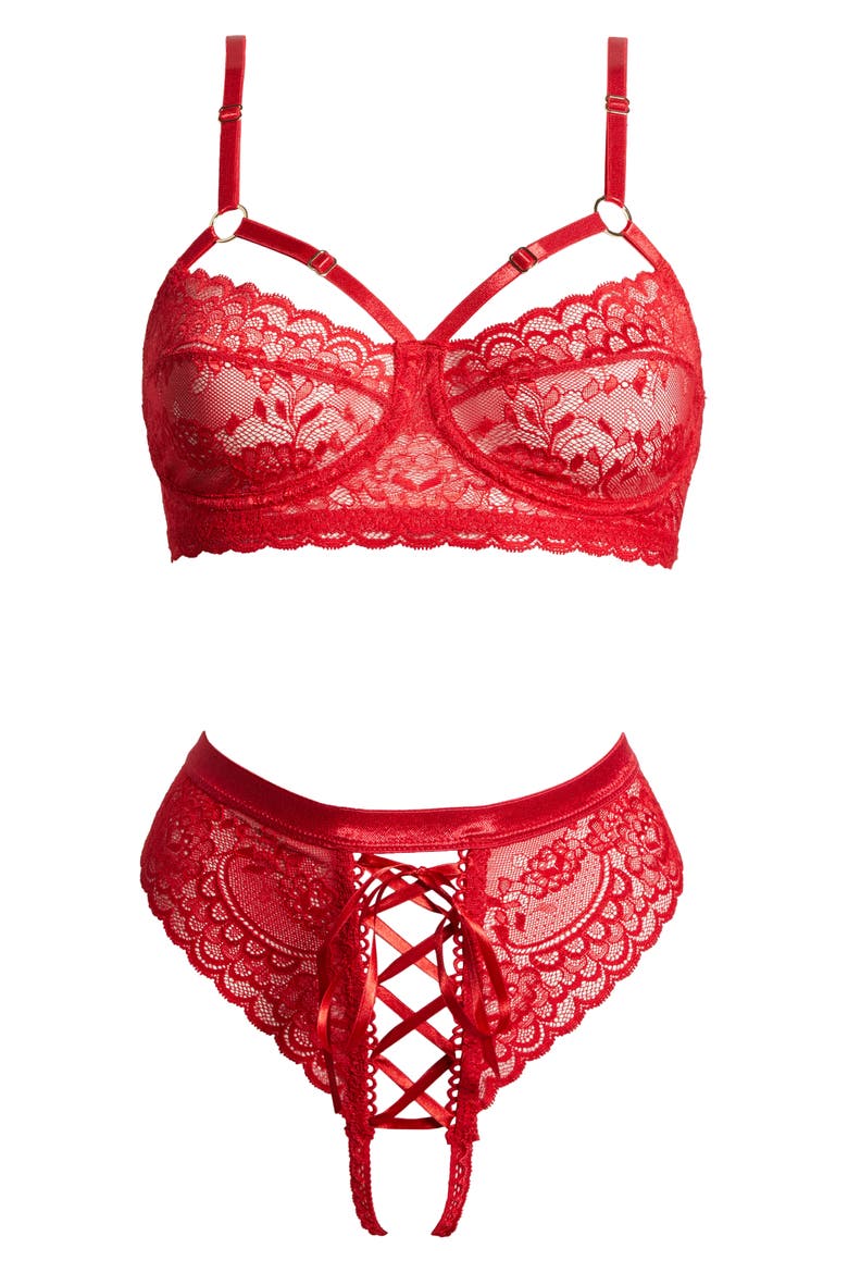 Lace Underwire Bra & Tanga, Main, color, RED