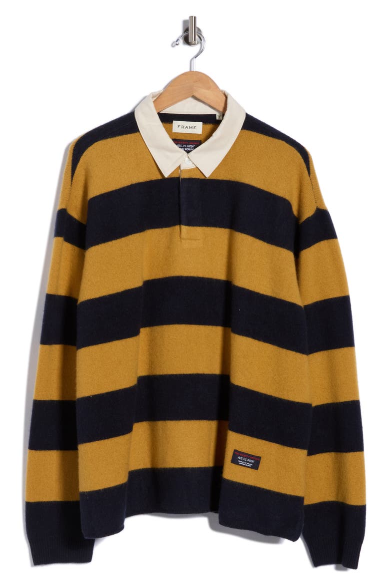 Striped Merino Wool & Cashmere Rugby Sweater, Main, color, NAVY/ DARK YELLOW STRIPE