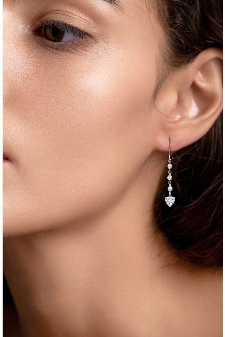 Cultured Pearl & Lab Grown White Sapphire Heart Drop Earrings, Alternate, color, WHITE