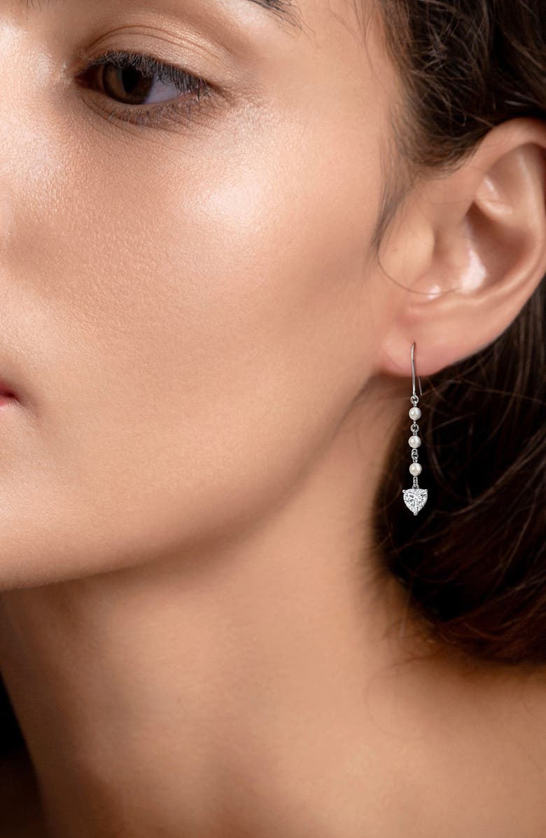 DELMAR Cultured Pearl & Lab Grown White Sapphire Heart Drop Earrings, Alternate, color,