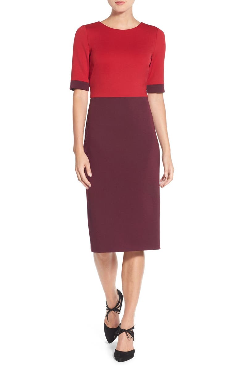 Maggy London Colorblock Scuba Midi Dress, Main, color, Persian Red/ Dried Cherry