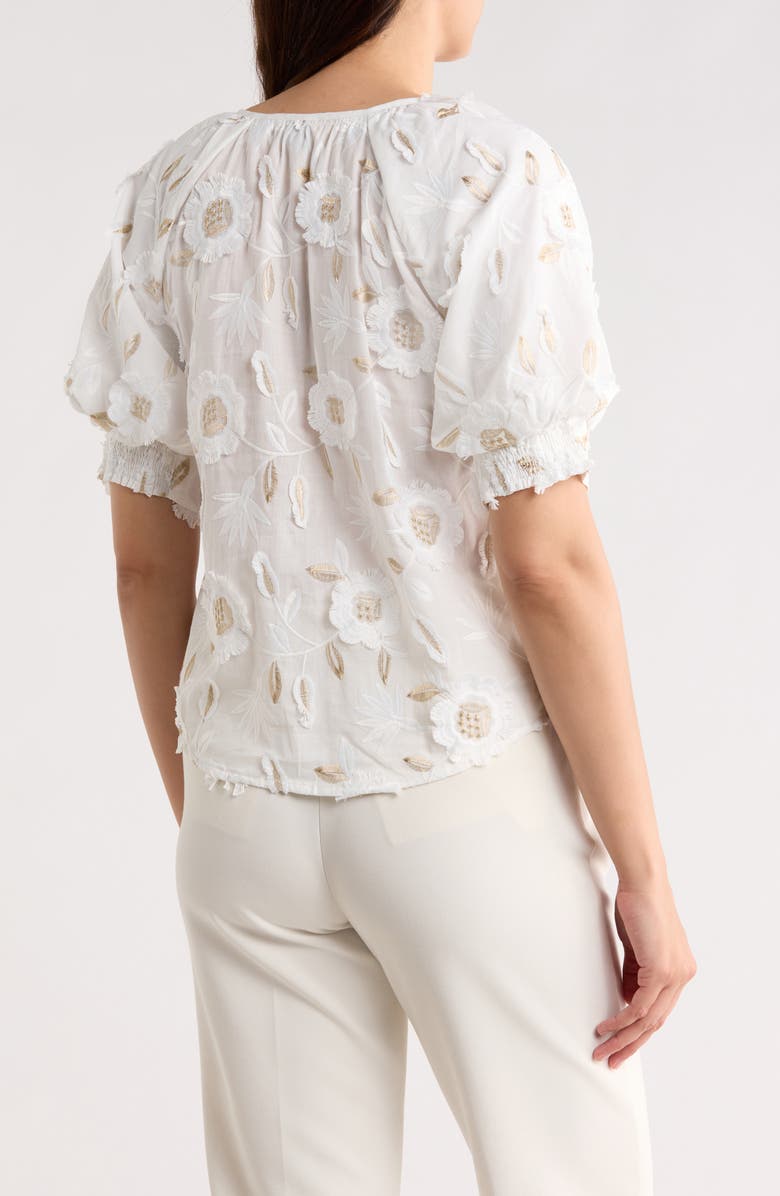 ELIE ELIE TAHARI 3D Floral Appliqué Button-Up Top, Alternate, color, White/ Golden Embroidery