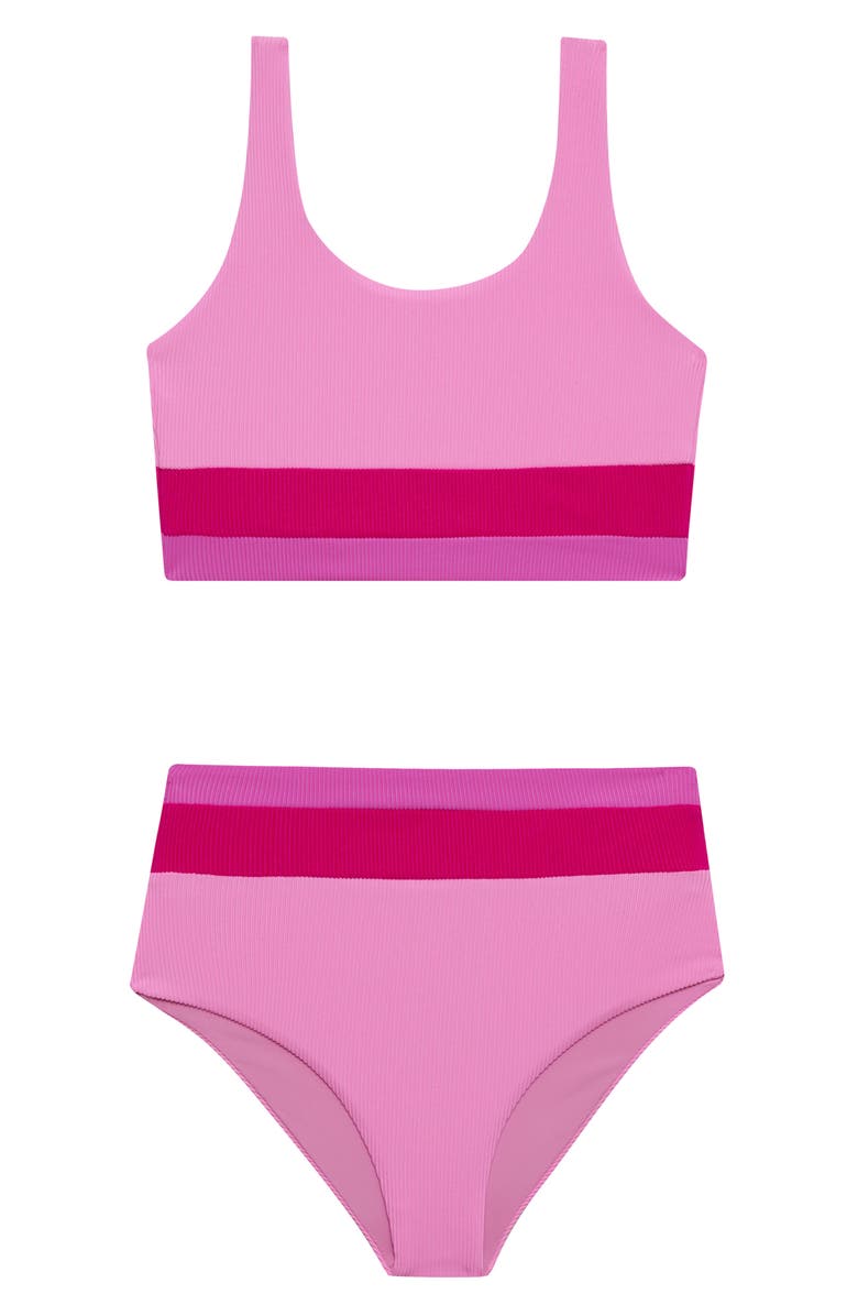 Beach Riot Little MacKenzie & Heidi Rib Two-Piece Swimsuit, Main, color, Peak Pink Colorblock