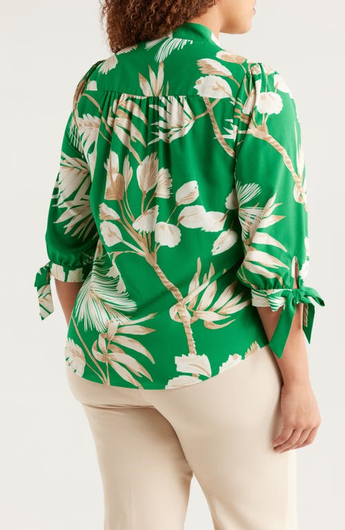 Anne Klein Palm Print Tie Cuff Crepe Top In Tropical Green Multi