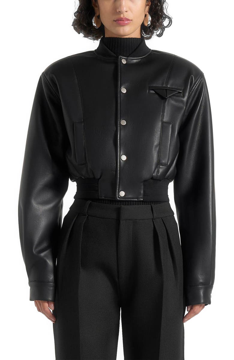 Manière De Voir Zina Leather Wide Shoulder Bomber Jacket, Alternate, color, Black