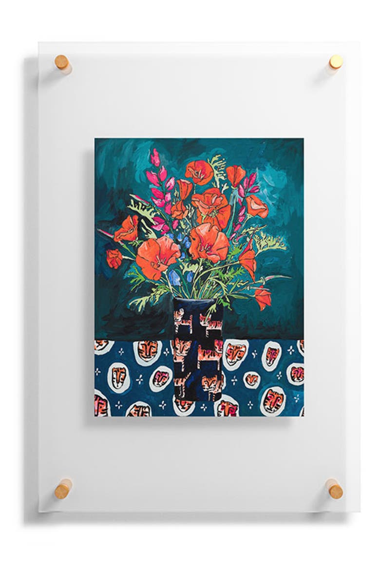 California Summer Bouquet Oranges & Lily Blossoms in Blue & White Urn Floating Art Print, Alternate, color, BLUE