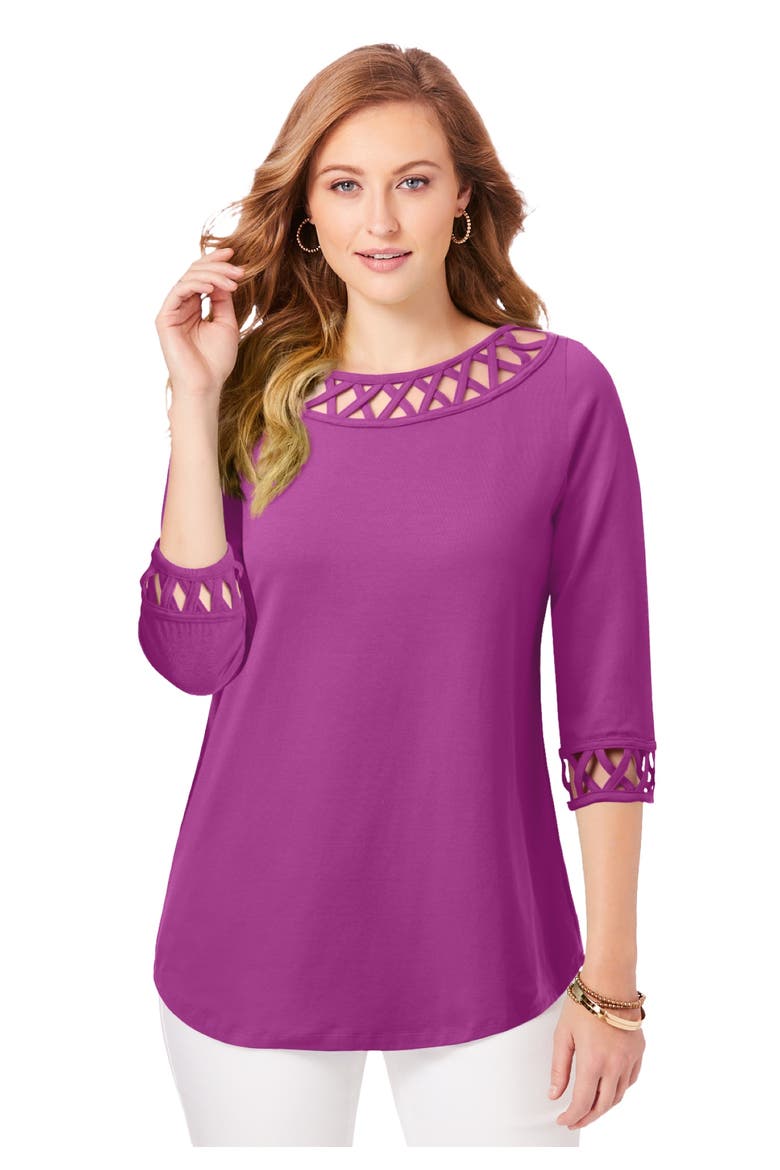 Stretch Cotton Lattice Boatneck Tunic, Main, color, DEEP ORCHID